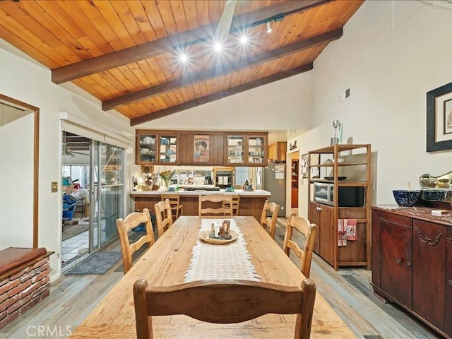 dining space with lofted ceiling with beams, light wood-style flooring, and wood ceiling