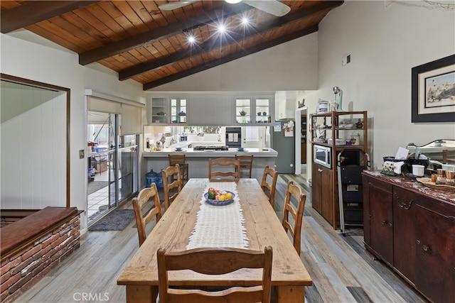 970 3rd St, Norco, CA 92860 - dining area with light wood-style floors, wood ceiling with exposed beams, and high vaulted ceiling