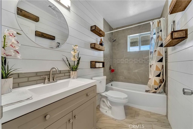 full bath with wooden walls, toilet, marble finish floor, shower / bathtub combination with curtain, and vanity