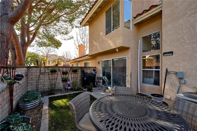 rear view of property with central AC, a patio area, a fenced backyard, and stucco siding