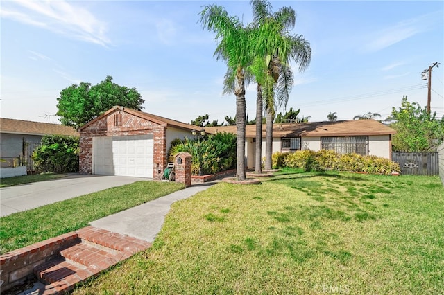 ranch-style house featuring brick siding, fence, a garage, driveway, and a front lawn