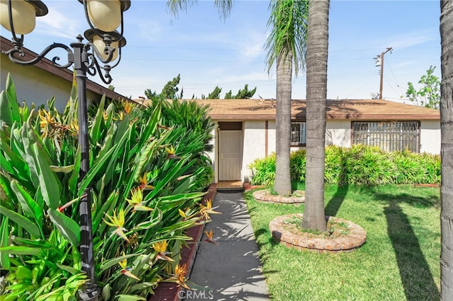 view of exterior entry with stucco siding and a lawn