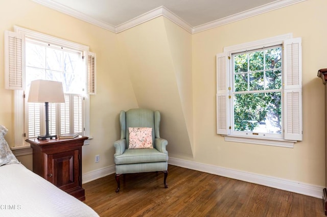 bedroom with baseboards, dark wood-type flooring, and crown molding