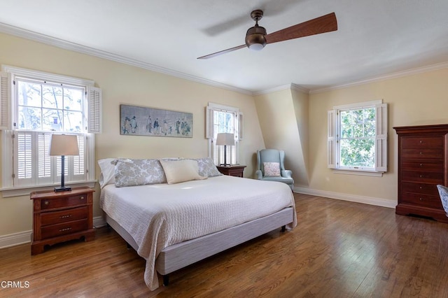 bedroom featuring crown molding, multiple windows, and dark wood-type flooring