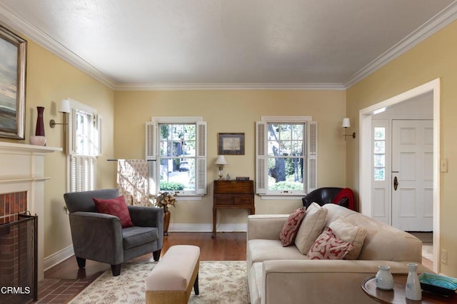 living area featuring ornamental molding, a healthy amount of sunlight, and baseboards