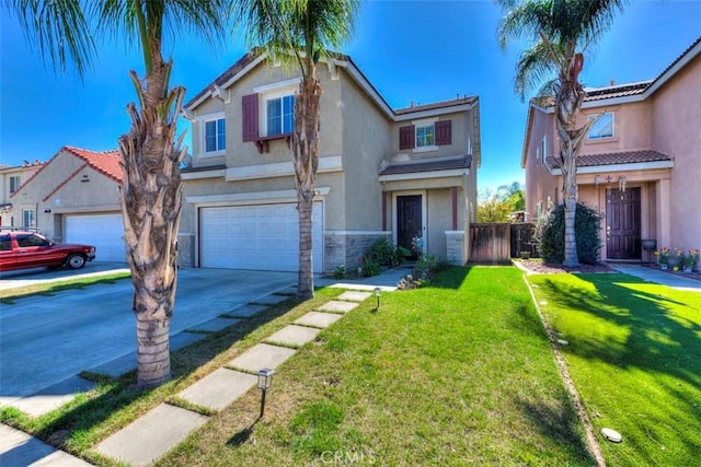 traditional-style home featuring an attached garage, driveway, stone siding, stucco siding, and a front yard