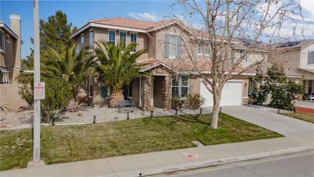 view of front facade with driveway, stone siding, a tiled roof, a front lawn, and stucco siding