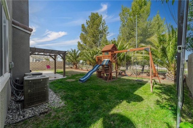 view of playground with a yard, a patio area, central AC, a pergola, and a fenced backyard