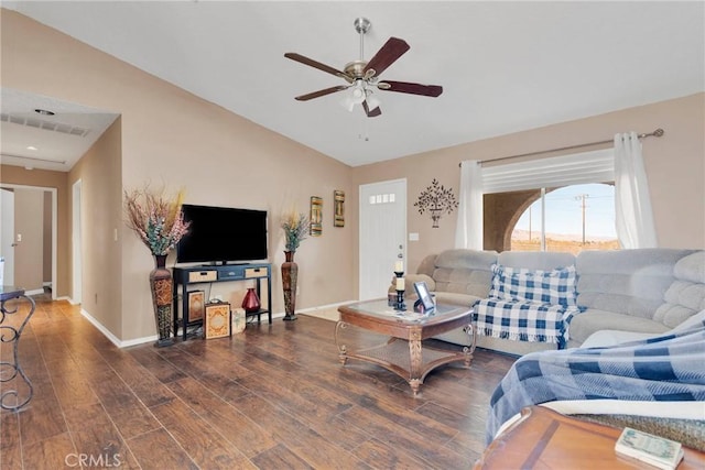 living area featuring visible vents, dark wood finished floors, baseboards, lofted ceiling, and ceiling fan