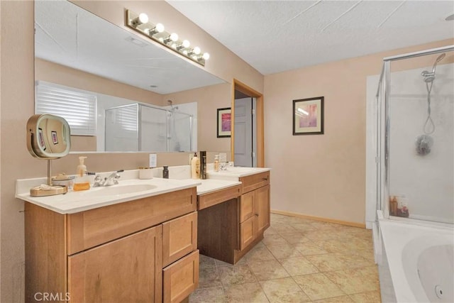 full bathroom with double vanity, baseboards, a bath, a shower stall, and a sink