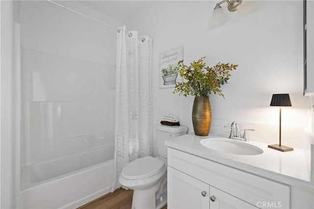 full bathroom with shower / bath combo, vanity, toilet, and wood finished floors