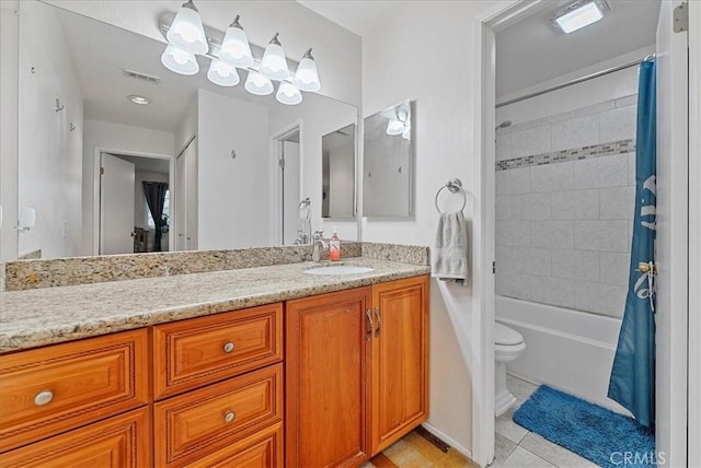 bathroom with visible vents, toilet, shower / tub combo, vanity, and tile patterned flooring