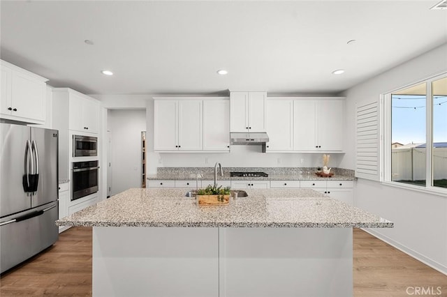 kitchen with appliances with stainless steel finishes, a sink, under cabinet range hood, and light stone countertops