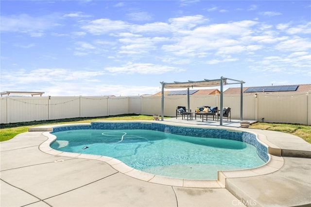 view of pool featuring a fenced in pool, a patio area, a fenced backyard, and a pergola