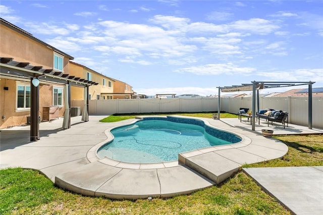 view of pool featuring a fenced in pool, a fenced backyard, a patio, and a pergola