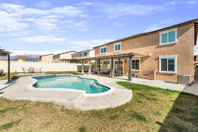 view of pool with a patio, fence, a lawn, a fenced in pool, and a pergola