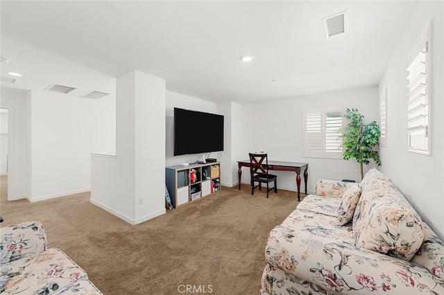 living area featuring light carpet, recessed lighting, visible vents, and baseboards