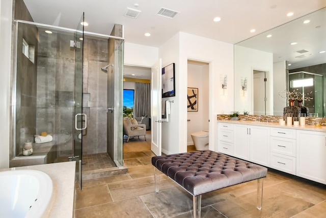75851 Via Pisa, Indian Wells, CA 92210 - bathroom featuring recessed lighting, visible vents, toilet, a stall shower, and vanity