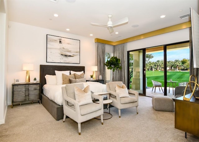 75851 Via Pisa, Indian Wells, CA 92210 - bedroom with visible vents, a ceiling fan, light colored carpet, access to outside, and recessed lighting