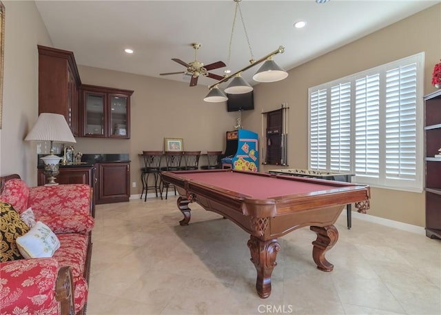 recreation room with pool table, baseboards, a ceiling fan, and recessed lighting