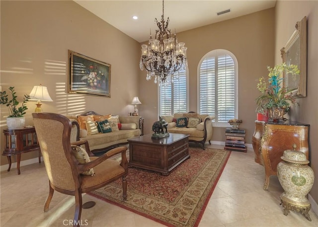 living area with light tile patterned floors, recessed lighting, visible vents, a chandelier, and baseboards