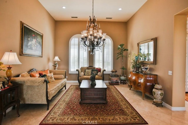 37305 Calle De Lobo, Murrieta, CA 92562 - living room with a chandelier, light tile patterned floors, recessed lighting, and baseboards