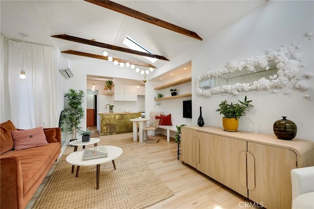 interior space with vaulted ceiling with beams, light wood-type flooring, and a wall mounted air conditioner