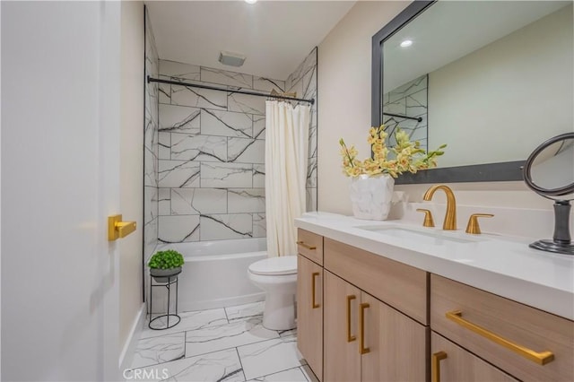 bathroom with toilet, marble finish floor, shower / tub combo with curtain, and vanity