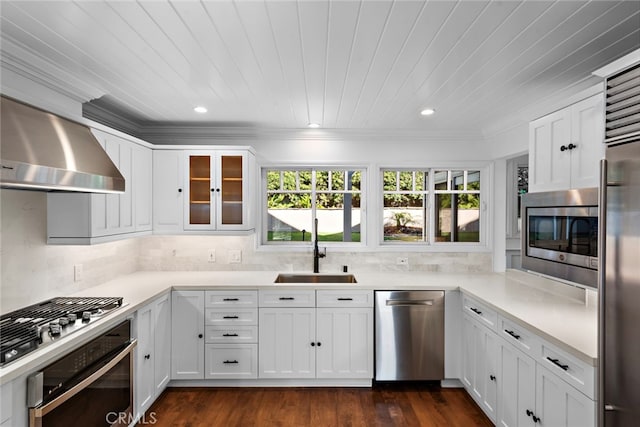 kitchen featuring a sink, built in appliances, backsplash, and wall chimney range hood