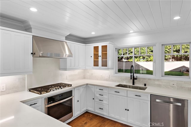 kitchen featuring a sink, stainless steel appliances, wall chimney exhaust hood, and crown molding