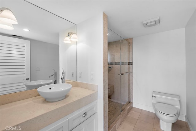 bathroom with tile patterned flooring, visible vents, toilet, a stall shower, and vanity