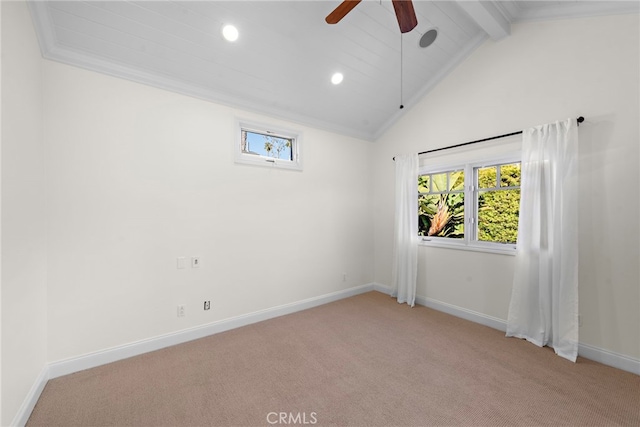 unfurnished room with recessed lighting, baseboards, light colored carpet, ceiling fan, and vaulted ceiling with beams