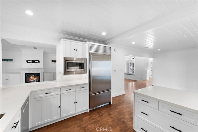 kitchen with a glass covered fireplace, built in appliances, and ornamental molding