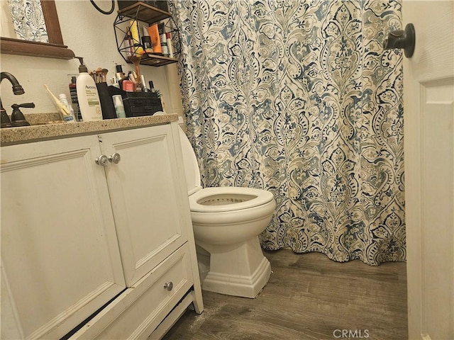 bathroom featuring toilet, wood finished floors, and vanity