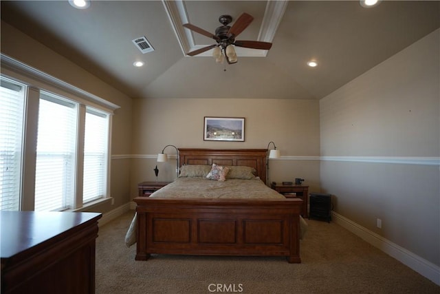 25841 Remington Ct, Tehachapi, CA 93561 - bedroom featuring baseboards, visible vents, light colored carpet, vaulted ceiling, and recessed lighting