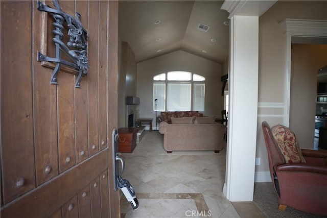 25841 Remington Ct, Tehachapi, CA 93561 - living area featuring lofted ceiling, visible vents, and baseboards