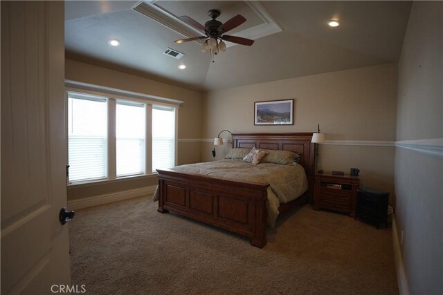 25841 Remington Ct, Tehachapi, CA 93561 - bedroom featuring recessed lighting, light colored carpet, visible vents, baseboards, and vaulted ceiling