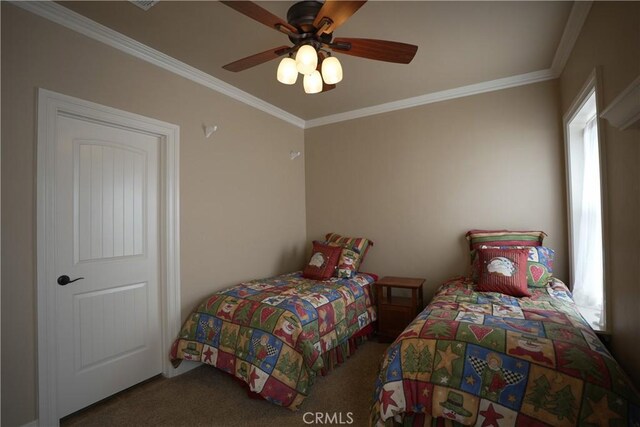 25841 Remington Ct, Tehachapi, CA 93561 - bedroom featuring ceiling fan, crown molding, and carpet flooring