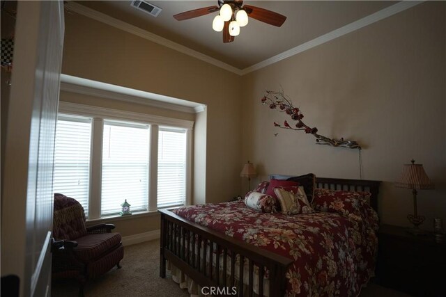 25841 Remington Ct, Tehachapi, CA 93561 - bedroom featuring carpet floors, visible vents, ornamental molding, ceiling fan, and baseboards