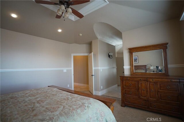 25841 Remington Ct, Tehachapi, CA 93561 - bedroom with light carpet, baseboards, a ceiling fan, vaulted ceiling, and recessed lighting