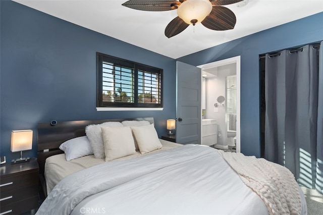 bedroom featuring connected bathroom and ceiling fan