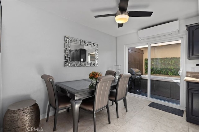 dining room with baseboards, a ceiling fan, and a wall mounted air conditioner