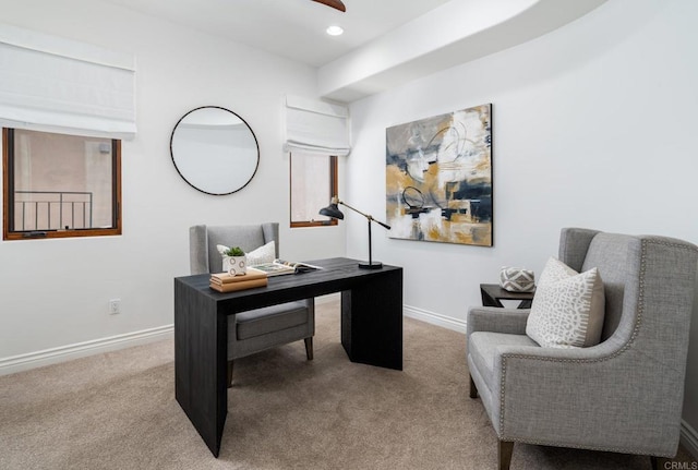 office area with recessed lighting, light colored carpet, ceiling fan, and baseboards