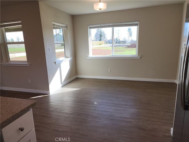 unfurnished dining area featuring baseboards and wood finished floors