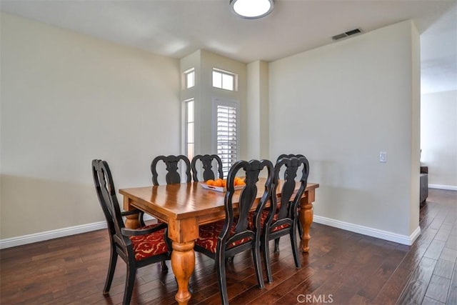 dining room with dark wood-style floors, baseboards, and visible vents