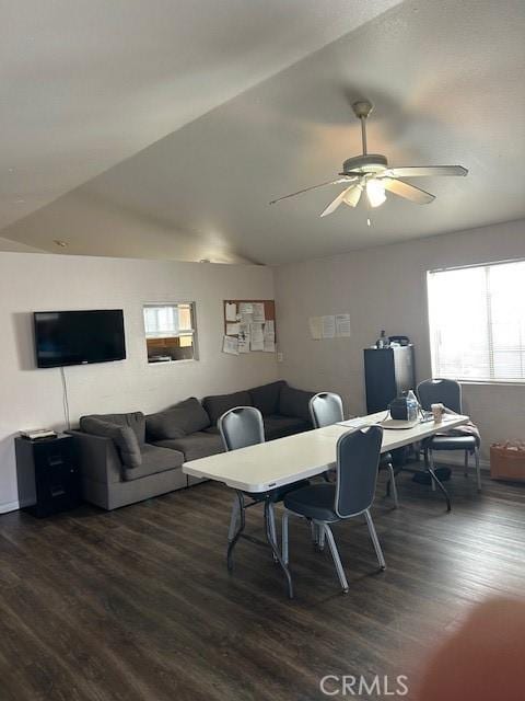 dining space featuring dark wood finished floors and a ceiling fan