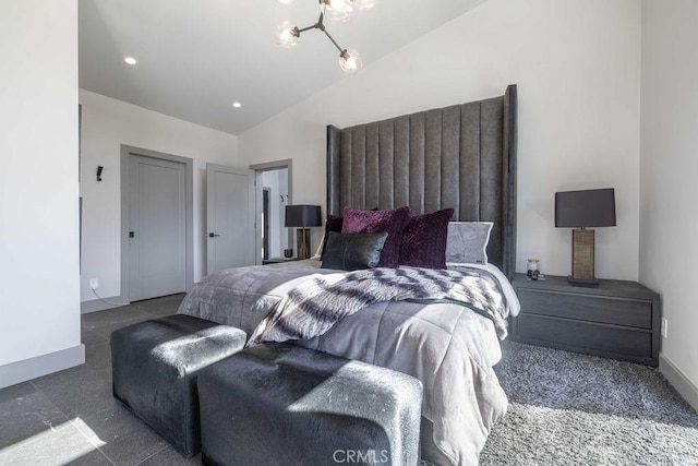 bedroom featuring recessed lighting, vaulted ceiling, baseboards, and an inviting chandelier