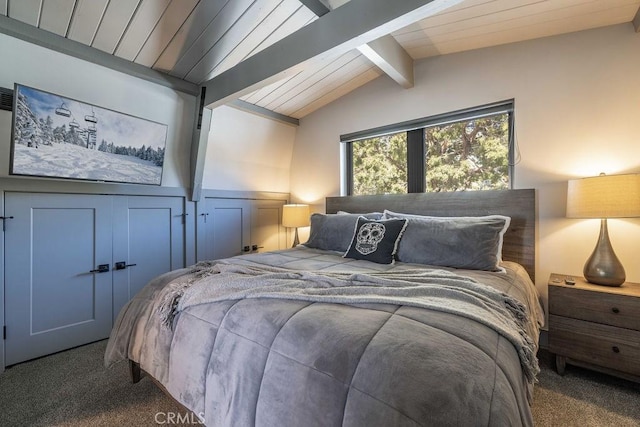 carpeted bedroom featuring wooden ceiling and vaulted ceiling with beams