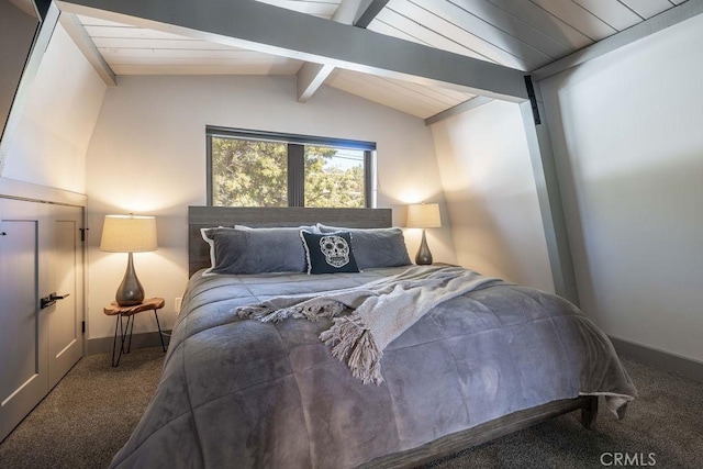 carpeted bedroom featuring wooden ceiling, lofted ceiling with beams, and baseboards