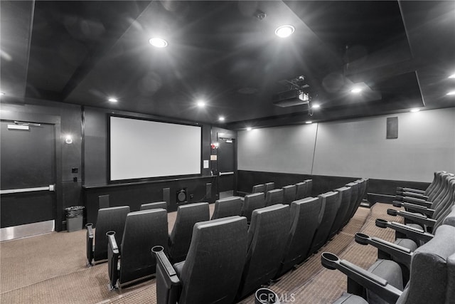 carpeted home theater with recessed lighting